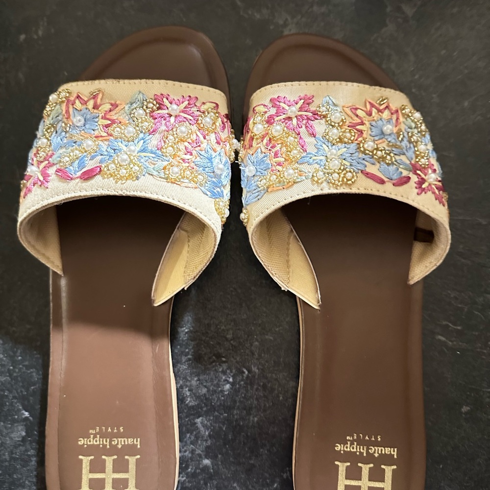 Haute Hippie Floral Embroidered Sandals - Blue and Pink on Beige - Picture 7 of 10